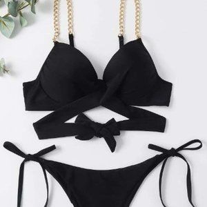NWT Shein Gold Chain Strap Tie Side Underwire Bikini Swimsuit Black dz S